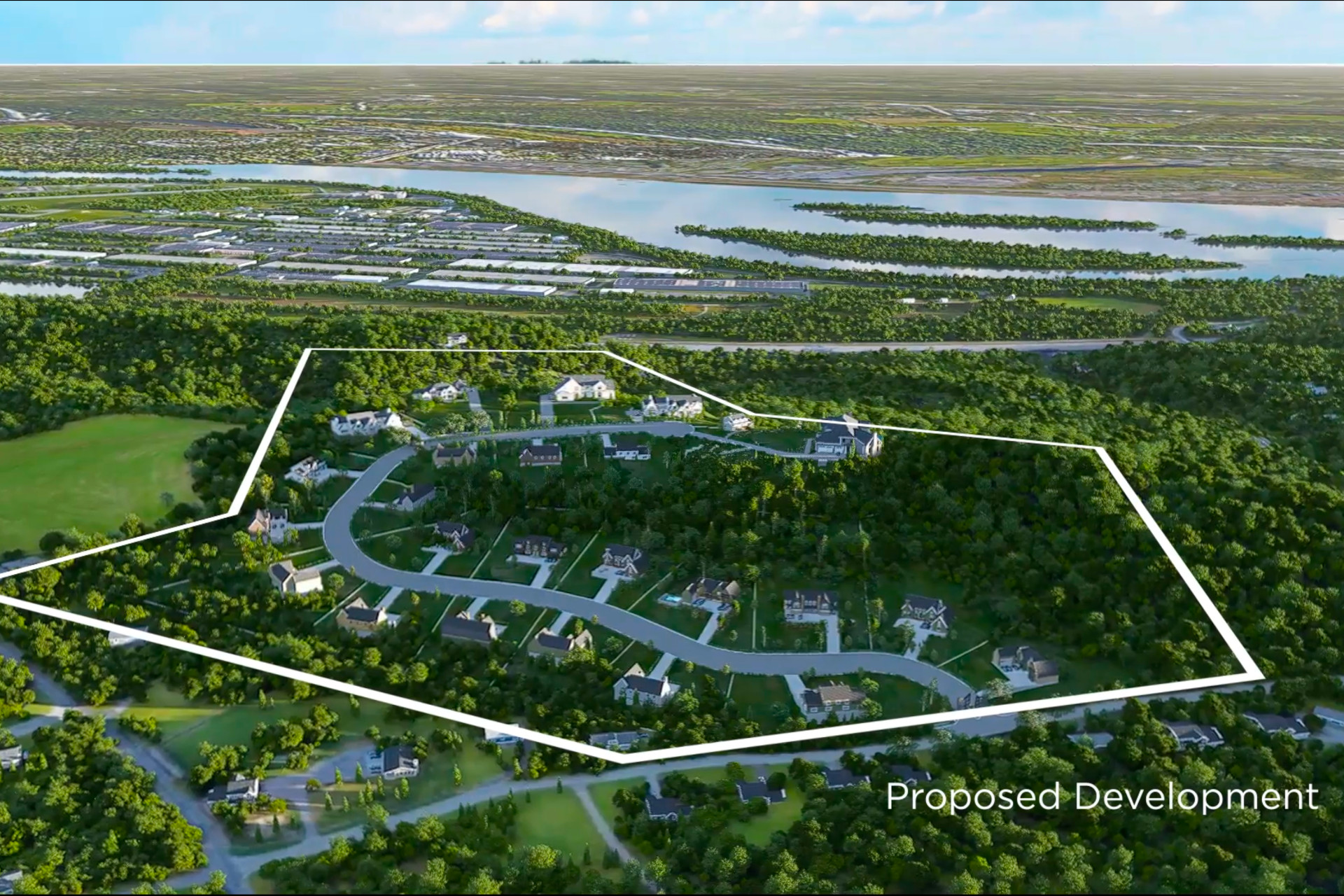 An aerial view of the proposed development plan over Buttermilk Falls